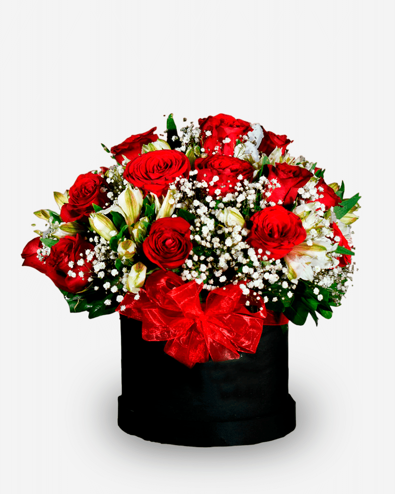 Caja cilíndrica con Rosas Rojas y Astromelias