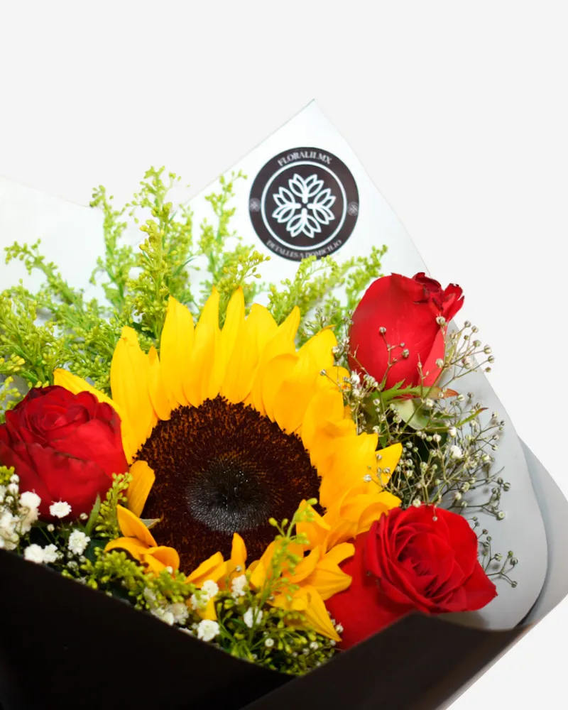 Girasol con 3 rosas rojas – Ramo chico